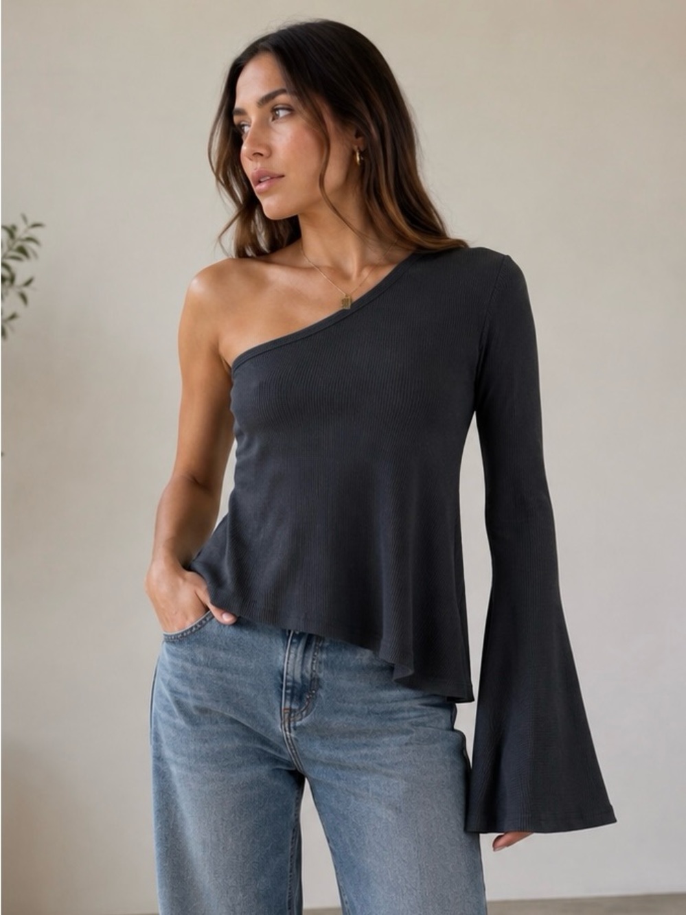 Monki One-Shoulder Ribbed Bell Sleeve Top - Charcoal Gray